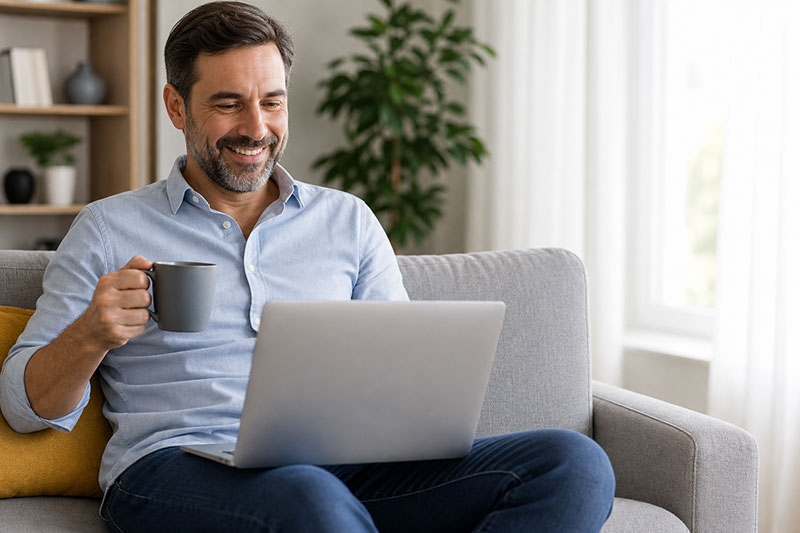 Absentee property owner relaxing at home while reviewing property management updates on a laptop
